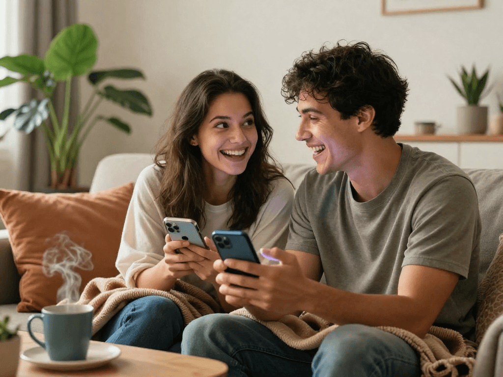Couple enjoying a playful sex ai chat on their smartphone in a cozy living room.