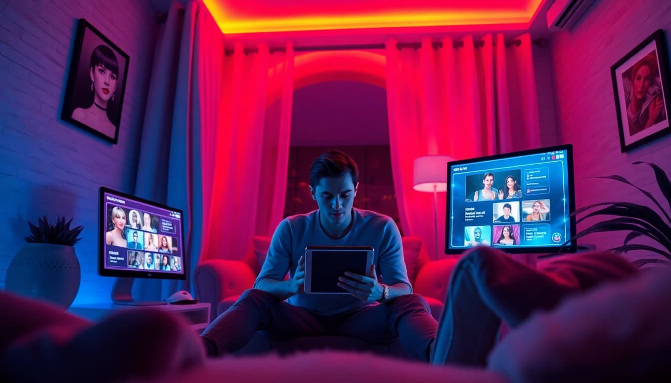 Engaging user immersed in an NSFW AI chat experience in a cozy, stylish room.