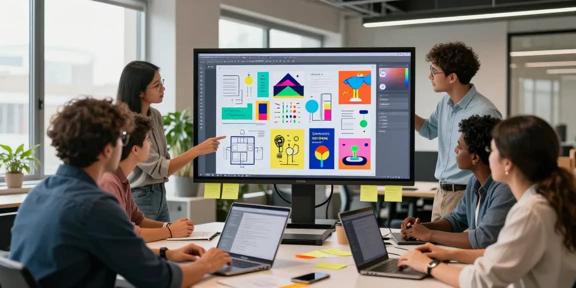 Team collaborating on a dynamic mixboard in a modern office setting.