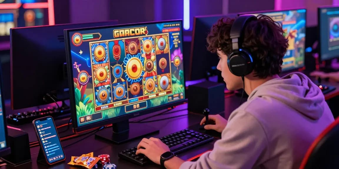 Engaging player enjoying slot gacor games in a vibrant online gaming setup with immersive graphics.