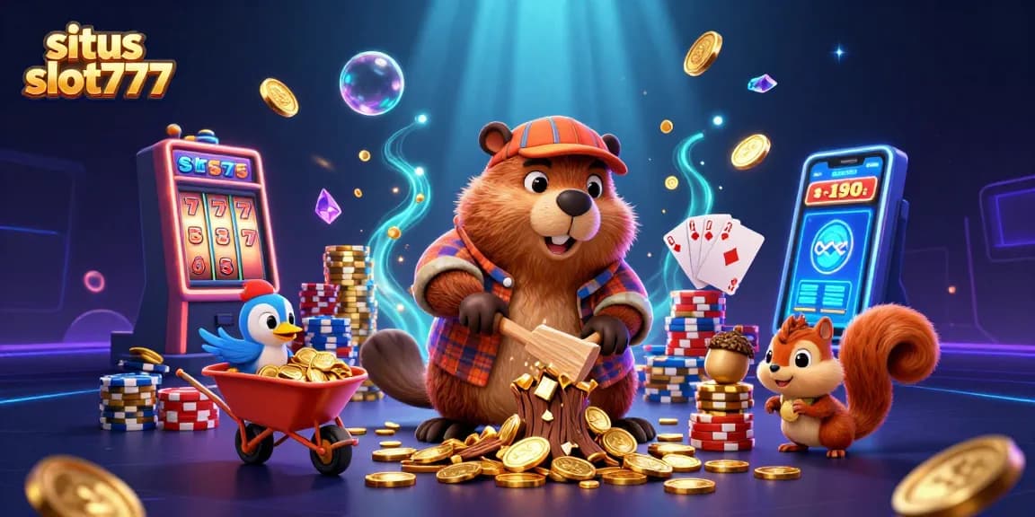 Situs slot777 features vivid 3D cartoon characters celebrating a jackpot in a dynamic casino scene.
