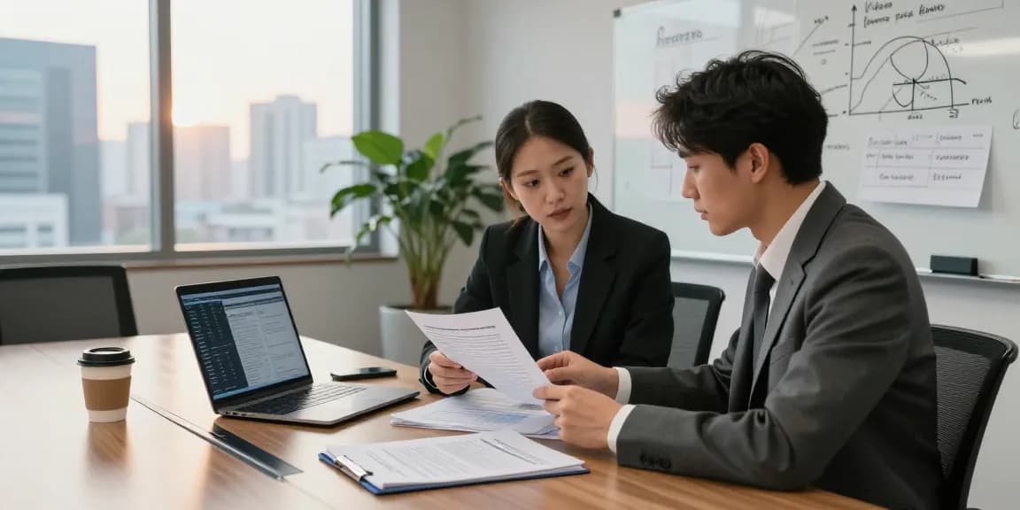 Asset tracing analysis in a modern office with financial data and investigator.