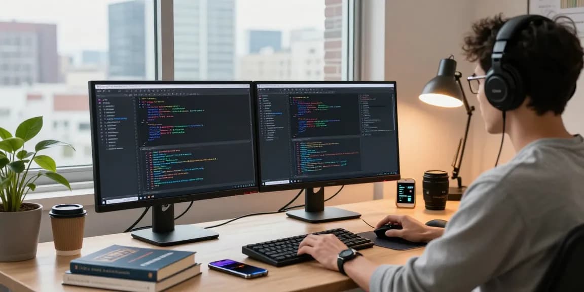 Dynamic software development workspace with dual monitors and a developer engaged in coding, highlighting telegram中文版下载 capabilities.