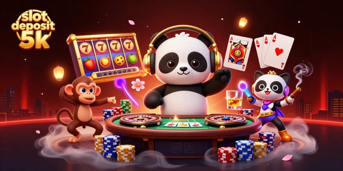 Experience thrilling action in this vibrant scene showcasing slot deposit 5k excitement with a DJ panda, breakdancing monkey, and rave kitten.
