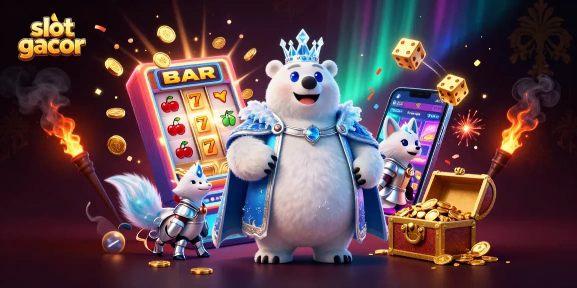 Experience thrilling gameplay with slot gacor as the icy polar king and fox unveil jackpot treasures amid a vibrant casino scene.