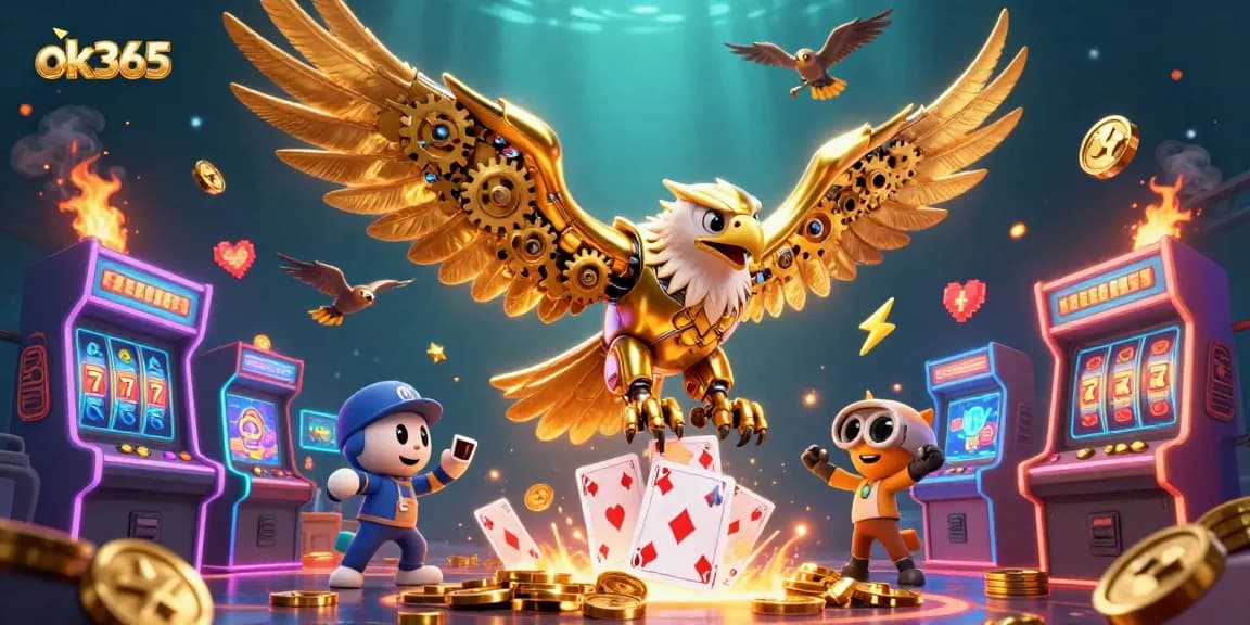 Engage with dynamic slots gameplay at ok365 with a golden eagle diving through colorful holographic playing cards.