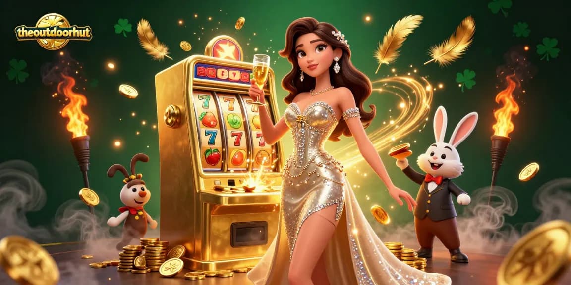Spin the jackpot with theoutdoorhut at an exciting casino scene featuring slot machines.