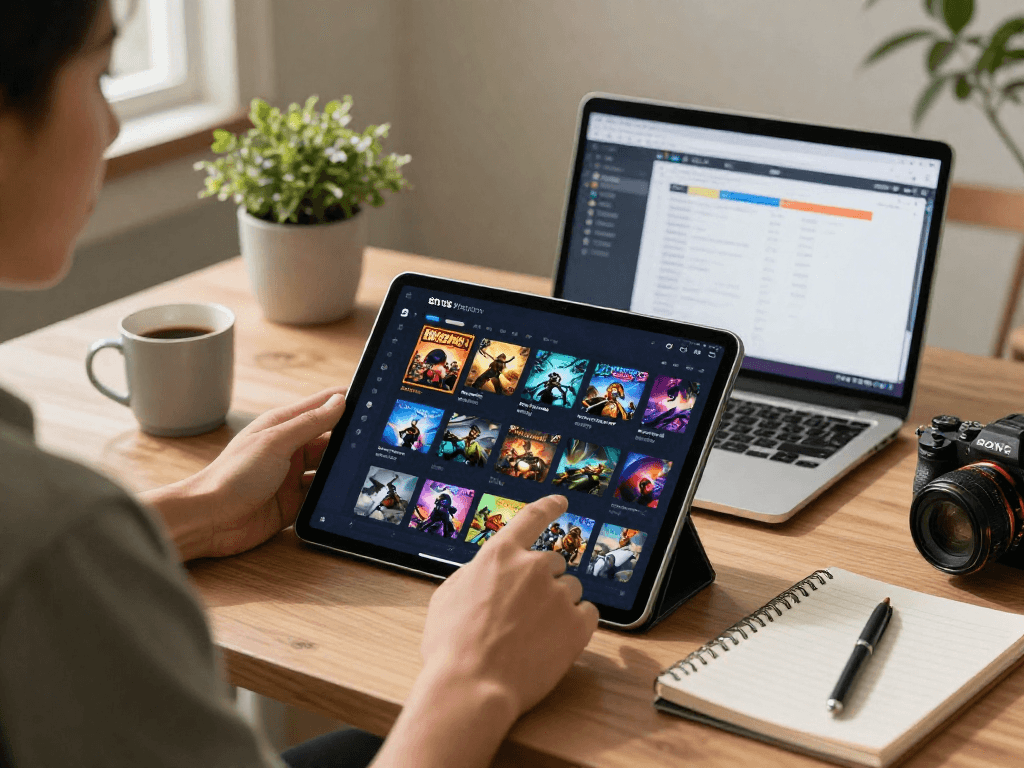bd188 platform na may mga laro at productivity apps sa touchscreen tablet sa isang modernong workspace.