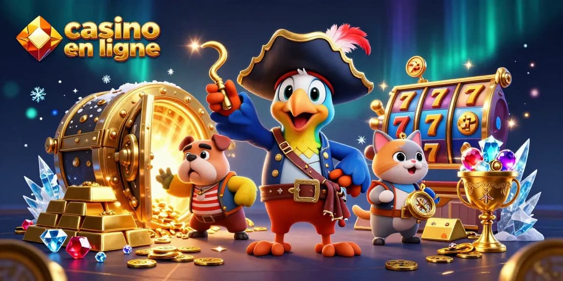 Jouez à des jeux captivants sur un casino en ligne avec des personnages animés et des trésors scintillants.