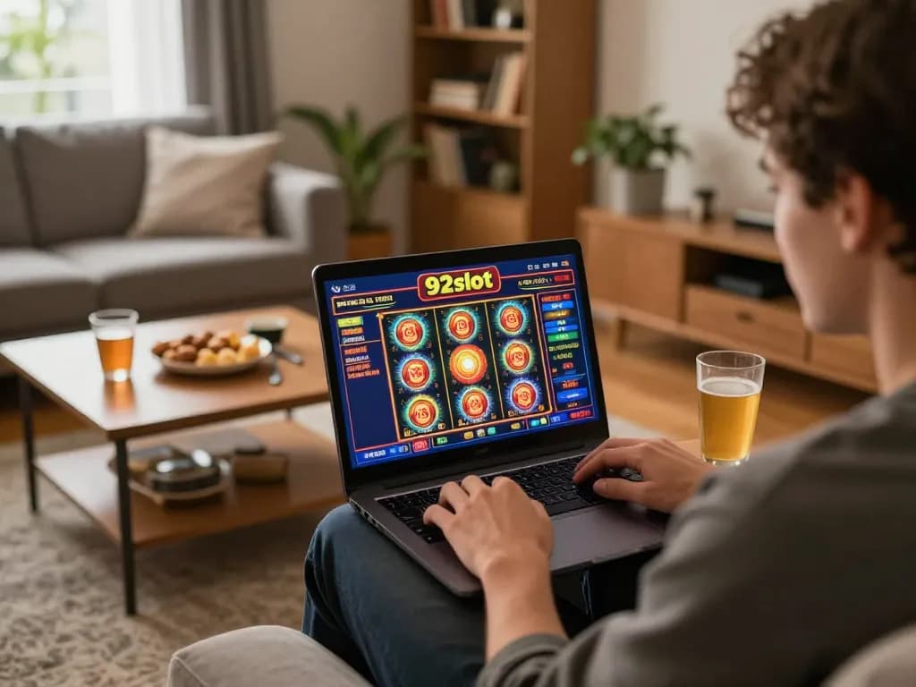 Engaged user exploring 92slot online casino on a laptop in a cozy living room setup.