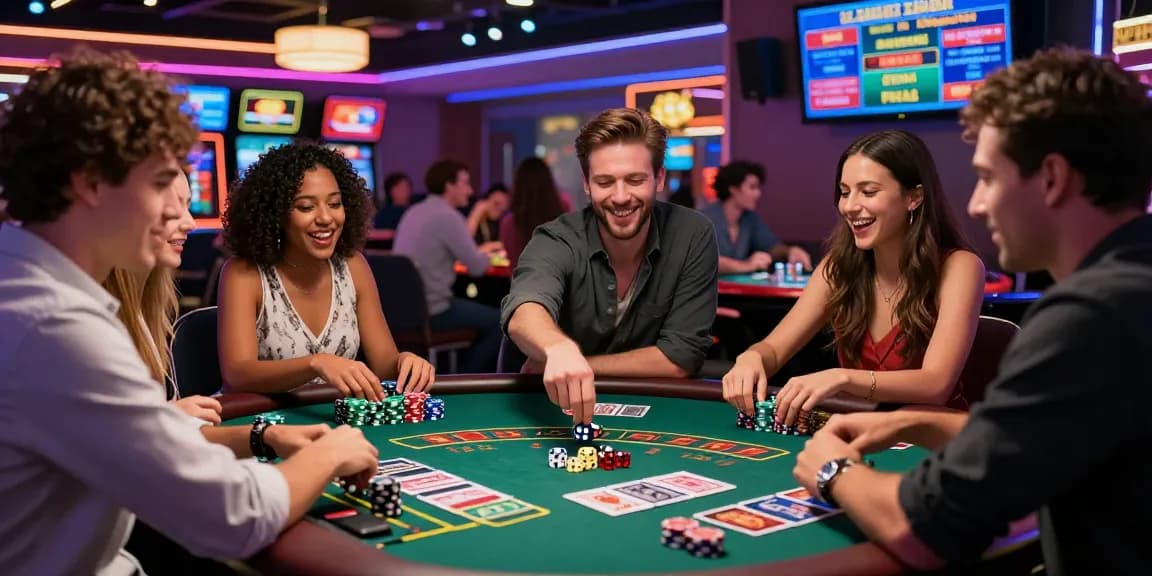 Friends enjoying a lively game of blackjack at a casino, lucky77 atmosphere filled with excitement.