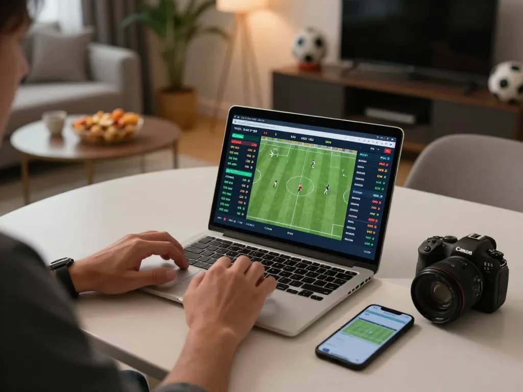Engaged in sports betting, a player checks keo nha cai odds on laptop and phone at home.