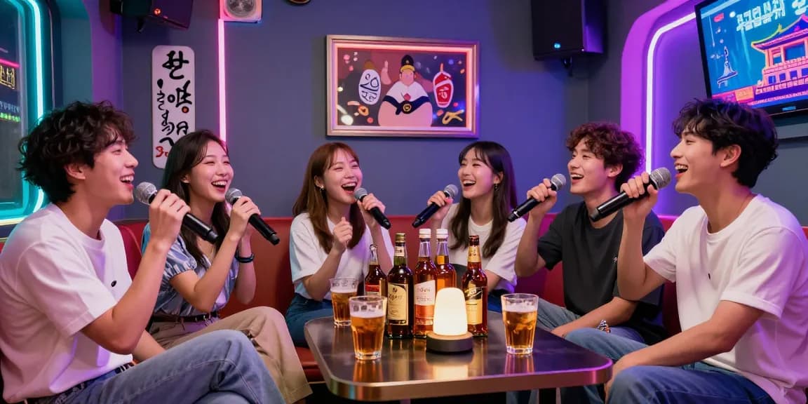 제주유흥에서 친구들과 노래하는 모습, 활기찬 분위기와 다양한 위스키가 있는 장면