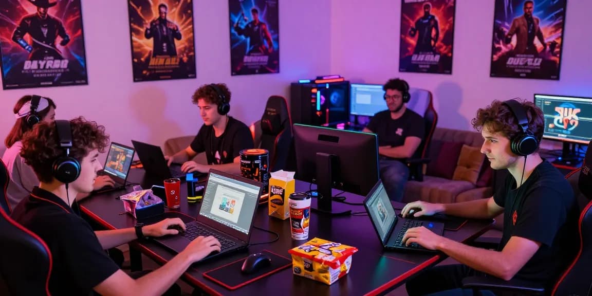 Enjoying free porn games in a vibrant online gaming setup with friends.