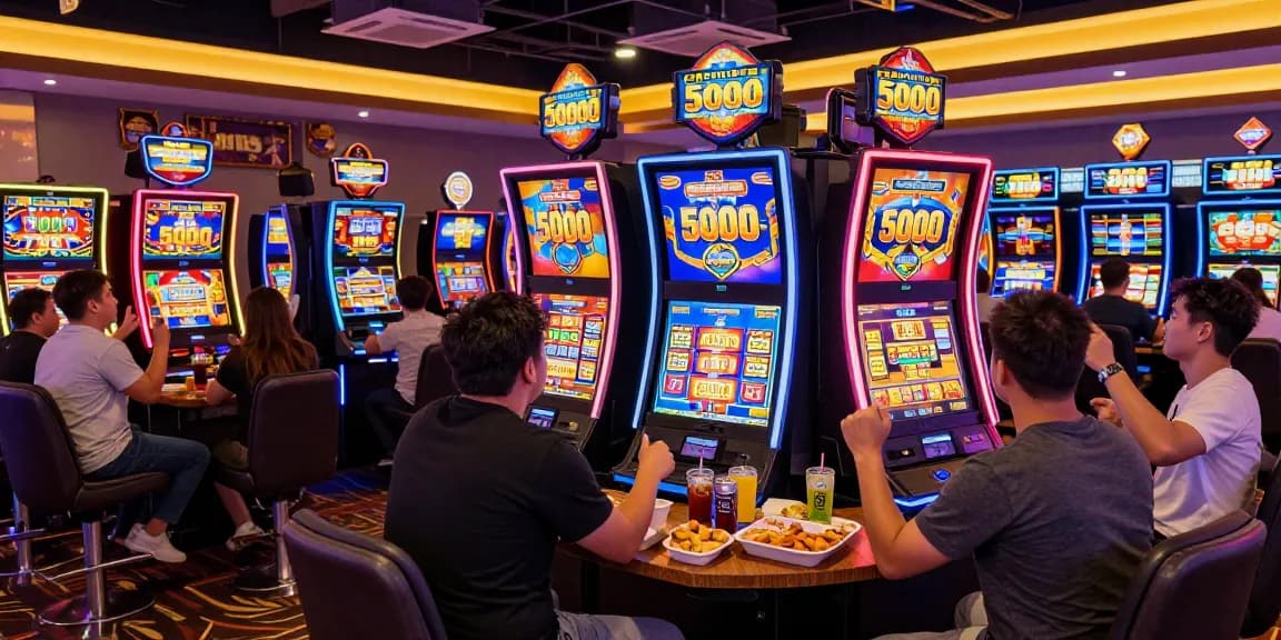 Engaging scene of players enjoying slot depo 5000 games in a lively casino environment with vibrant slot machines and exciting atmosphere