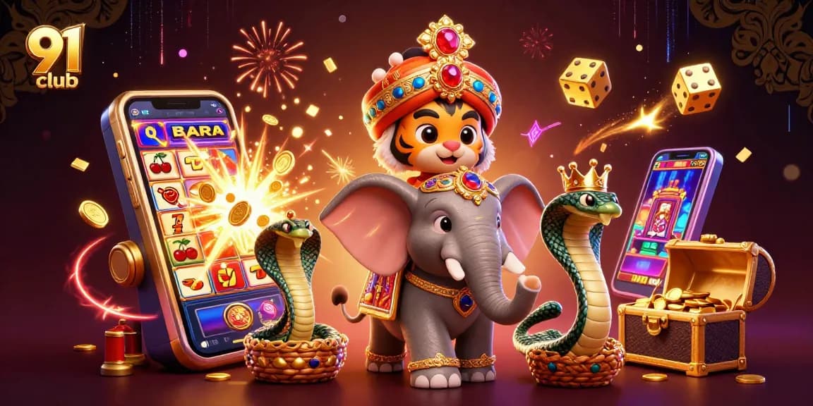 Play exciting games at 91 club with a 3D maharaja tiger, jackpot machines, and treasure overflowing