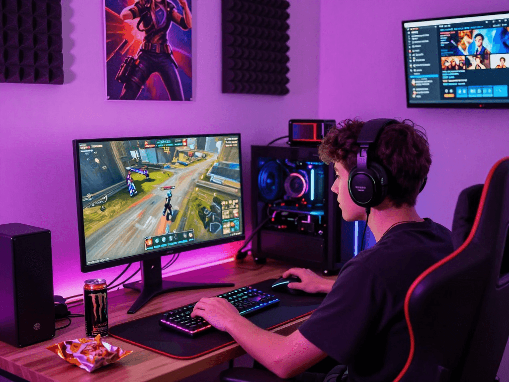 Engaging raja328 situs gaming setup featuring vibrant LED lights and gameplay.