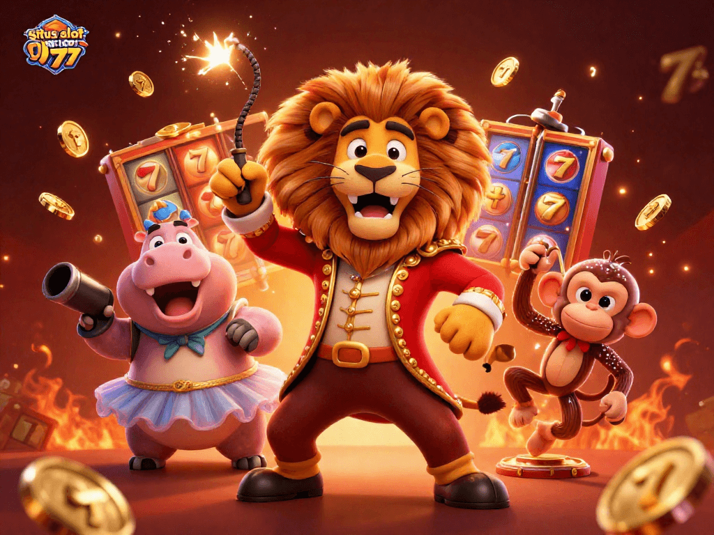 situs slot gacor 777 showcases a vibrant scene with animated characters playing slots in a casino setting.