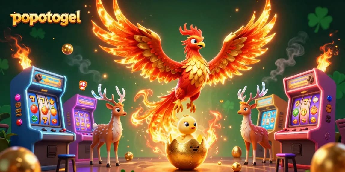 Experience popotogel's exciting slot games in a vibrant 3D illustration with magical themes and gaming elements.