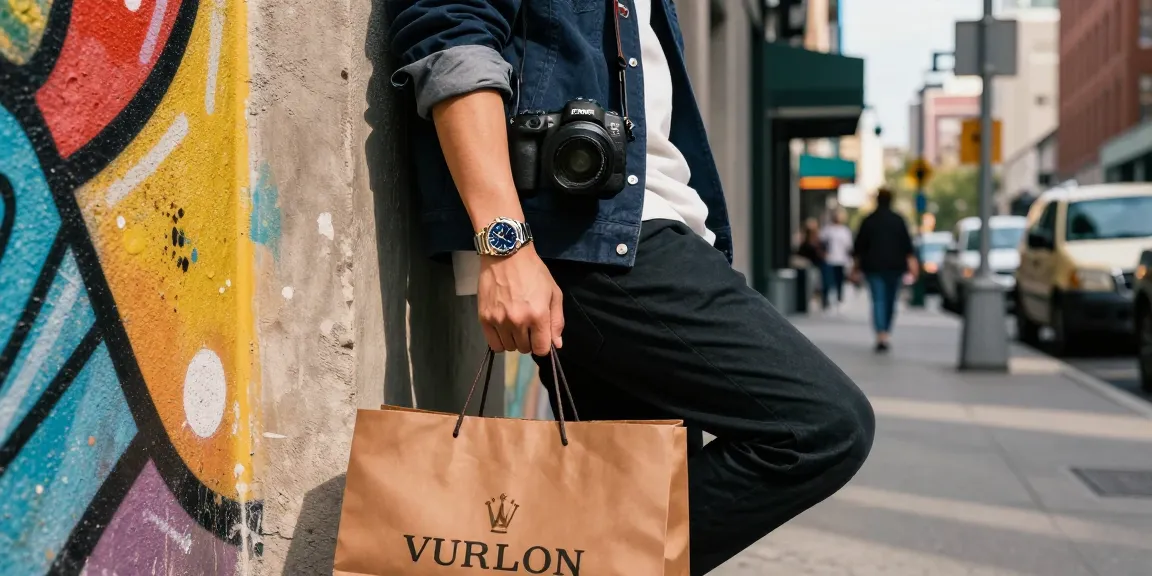 Chic individual showcasing a rolex replica watch in a vibrant urban setting.