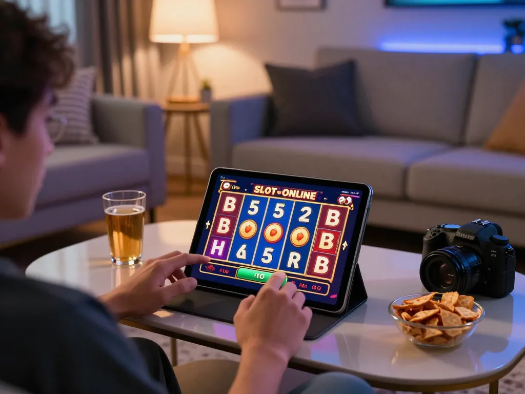 Player spinning Slot Online reels on a tablet, cozy home setup with engaging atmosphere.
