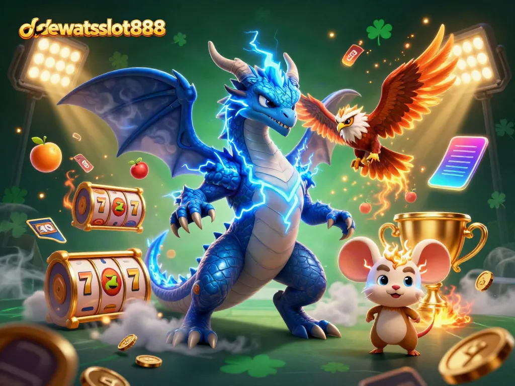 Ilustrasi 3D dewataslot888 dengan naga petir dan elemen permainan kekayaan.