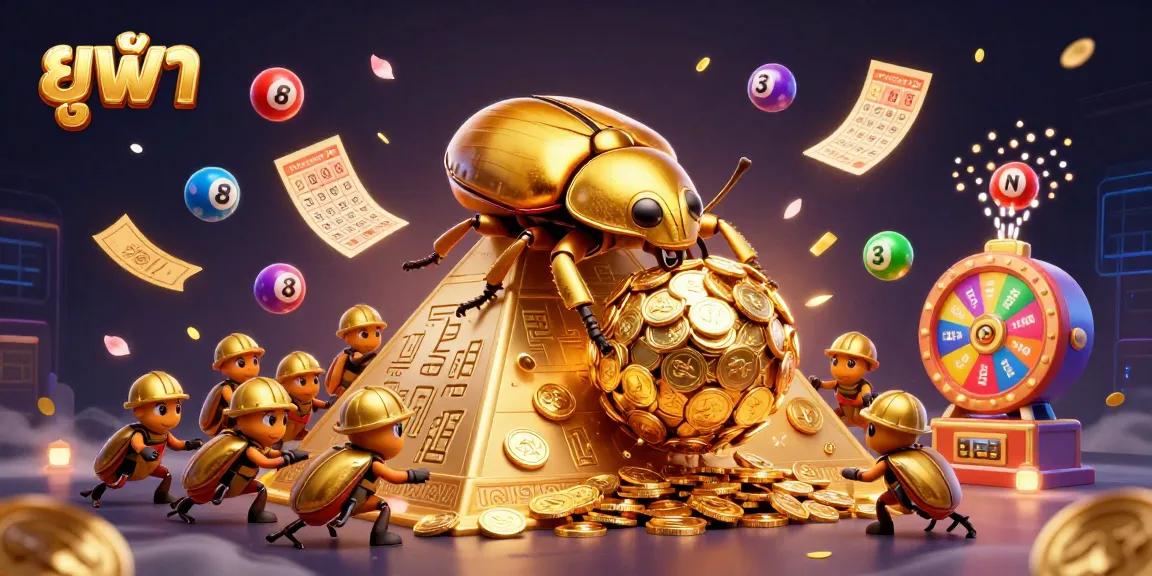 Experience thrilling ยูฟ่า gaming with a dynamic scene of golden beetles rolling coins, bursting lottery balls, and casino excitement.