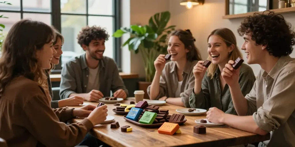 Delicious THC chocolates UK enjoyed in a cozy café setting with friends.
