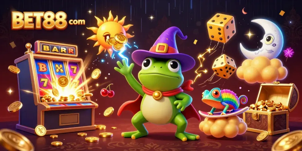 Experience thrilling games at BET88 com with golden coins, a frog wizard, and a chameleon on a cloud.