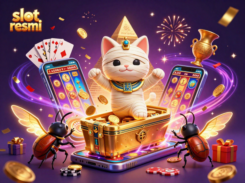 Experience the fun of slot resmi gaming with an Egyptian mummy cat and casino elements!