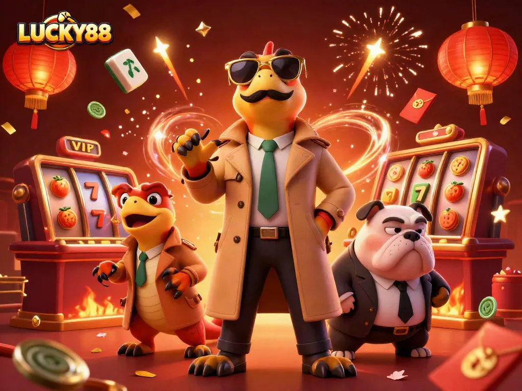 Experience thrilling wins with LUCKY88 in an animated casino scene filled with dynamic gaming elements.