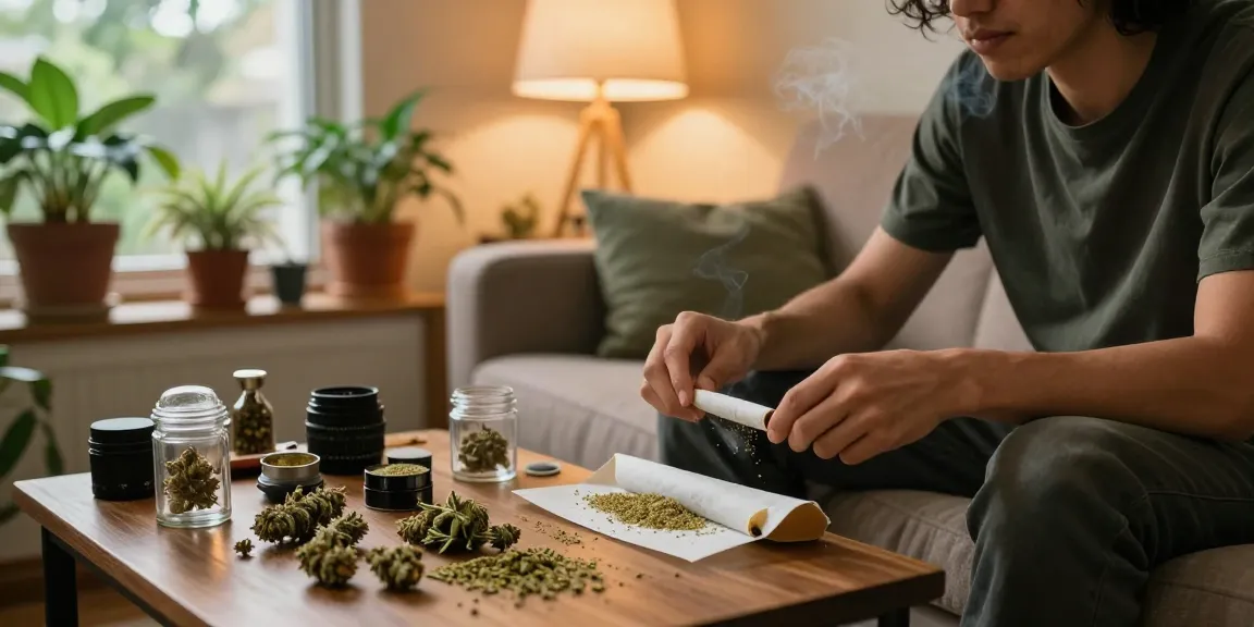 Enjoying shake weed in a cozy living room with cannabis accessories and plants.