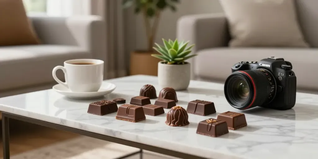 THC chocolates UK beautifully arranged on a coffee table in a cozy living room.