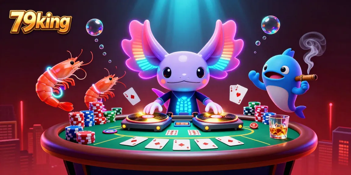 Spin and win at 79king with vibrant casino fun featuring an axolotl DJ and poker elements.