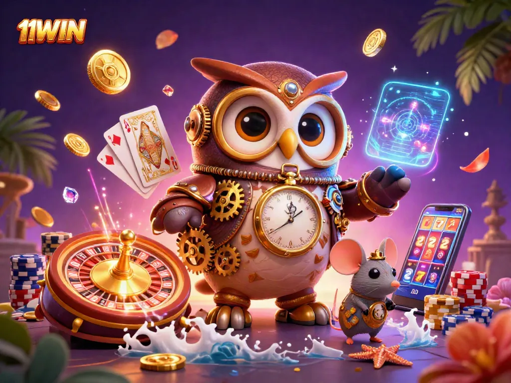 Experience the excitement of 11WIN with a whimsical steampunk owl and casino elements in this dynamic illustration.