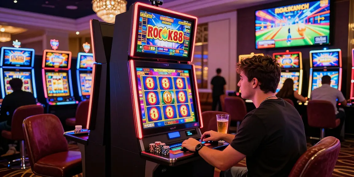 Player enjoying the vibrant rokok88 slot machine in a lively casino setting