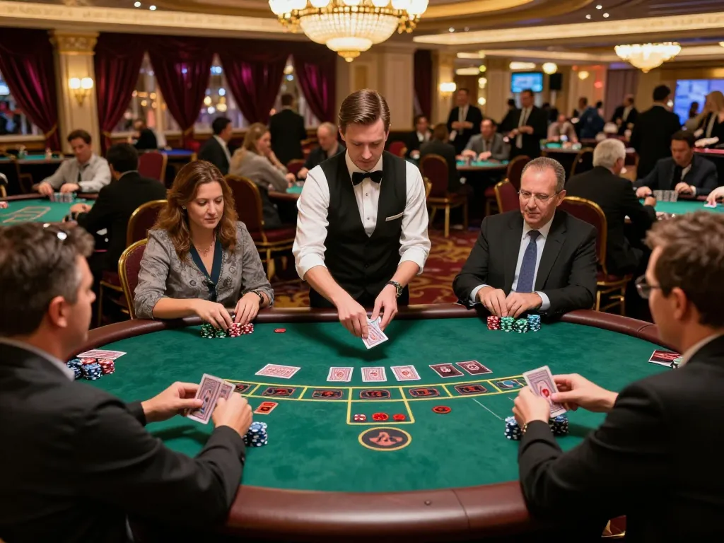 The hidden wiki showcases a thrilling blackjack game at a Vegas casino with focused players and a professional dealer.