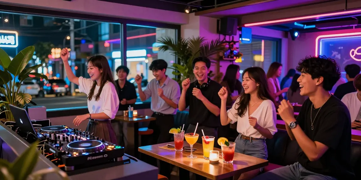 Exciting nightlife at 상봉동 한국관나이트 with friends dancing and cocktails, vibrant atmosphere.