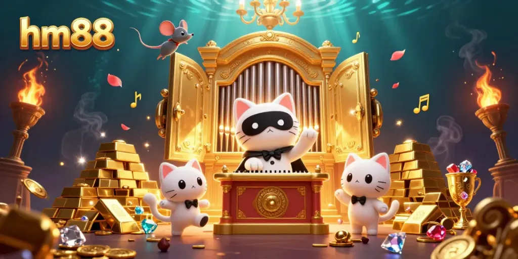 Experience winning jackpots at hm88 with a dynamic casino scene featuring a phantom cat and treasure.