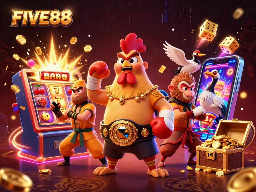 Experience the thrill of winning at FIVE88 with a vibrant 3D illustration showcasing exciting casino elements.