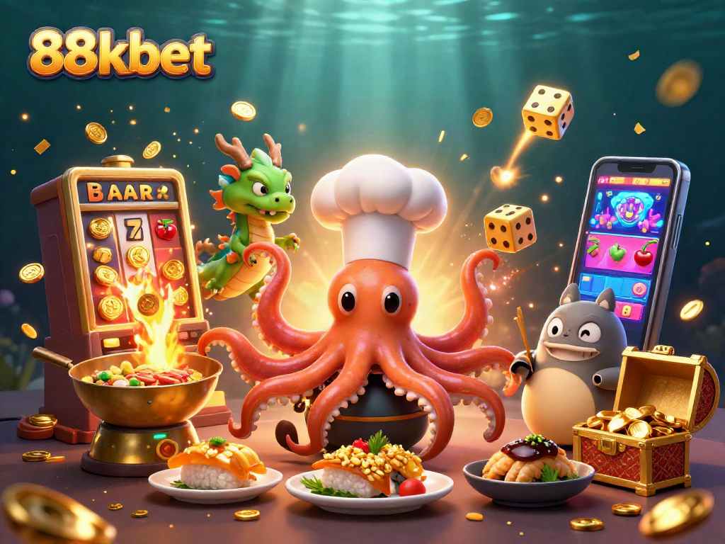 Experience thrilling 88kbet games with a vibrant 3D casino illustration showcasing dynamic action and excitement.