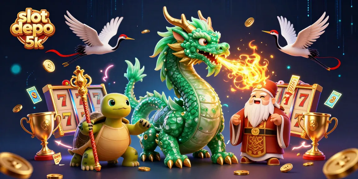 Celebrate wins at the slot depo 5k, illustrated with vivid casino symbols and enchanting characters.