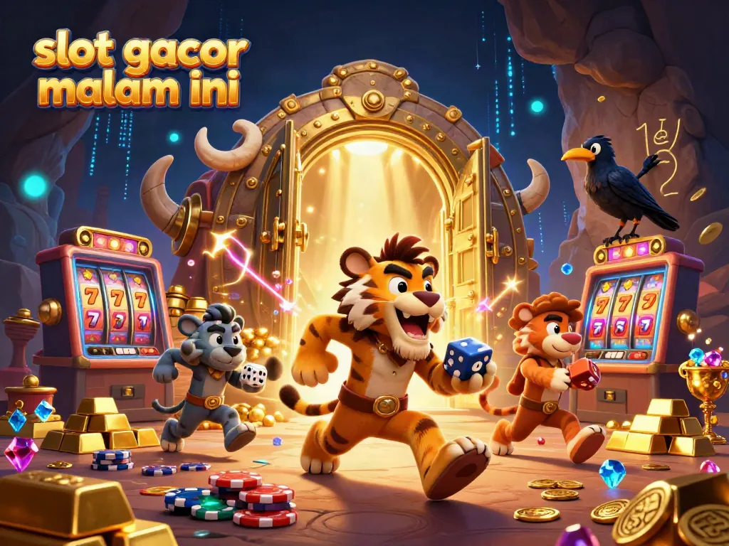 Slot gacor malam ini tampil dalam ilustrasi 3D yang kaya, menampilkan karakter kasino dan elemen permainan.