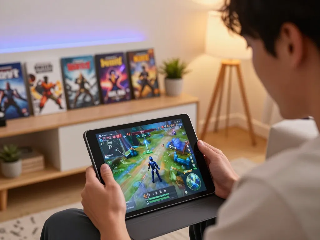 Engaging with nsfw games on a tablet in a cozy home setup, showcasing an exciting gameplay.