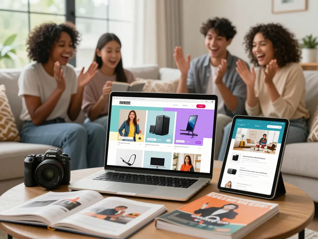 Engaging online shopping experience at https://hubet88.icu/ with diverse individuals exploring products in a cozy home setting.