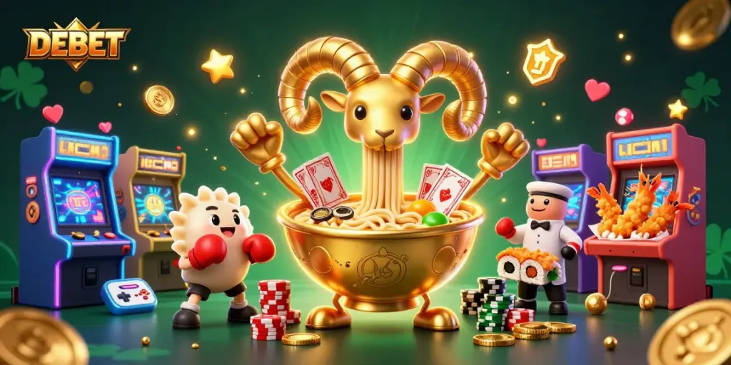 Engage with DEBET's vibrant casino scene featuring a golden ramen bowl dealer amidst colorful game elements.