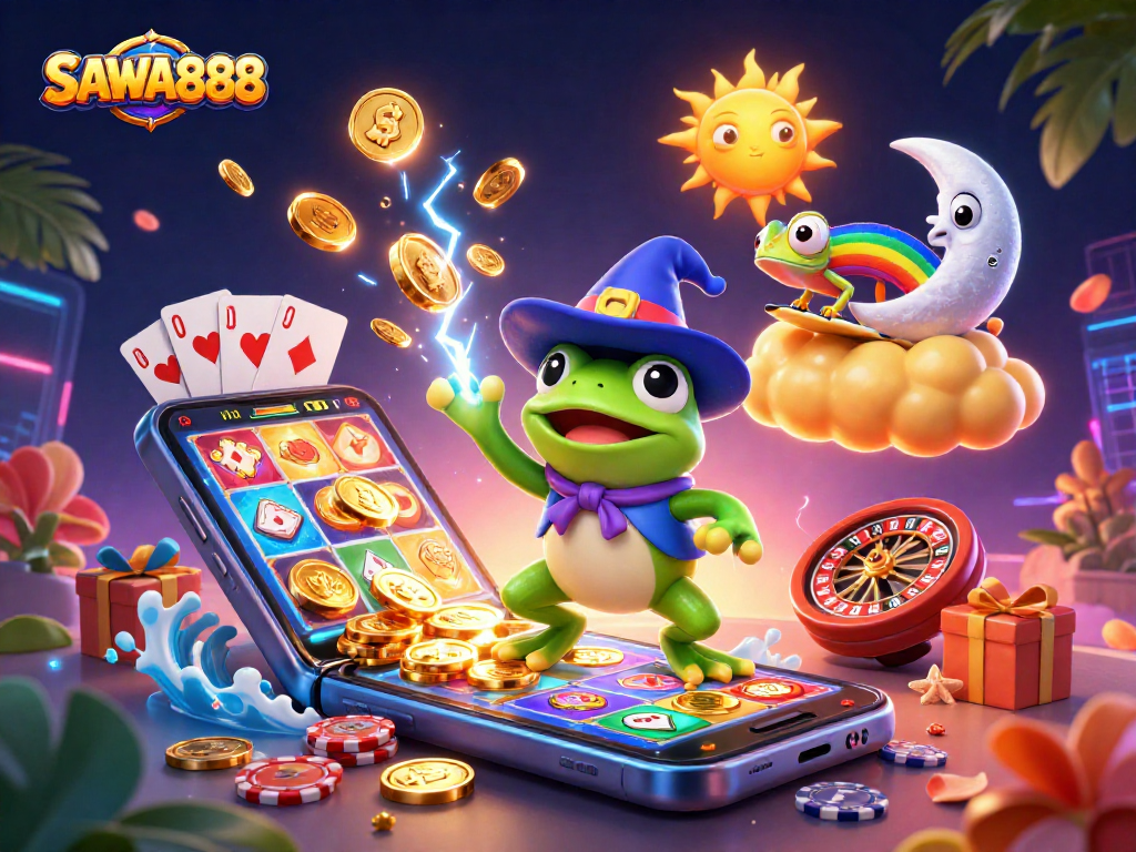 Experience the thrill of SAWA888 with vibrant games and striking visuals in this engaging illustration.