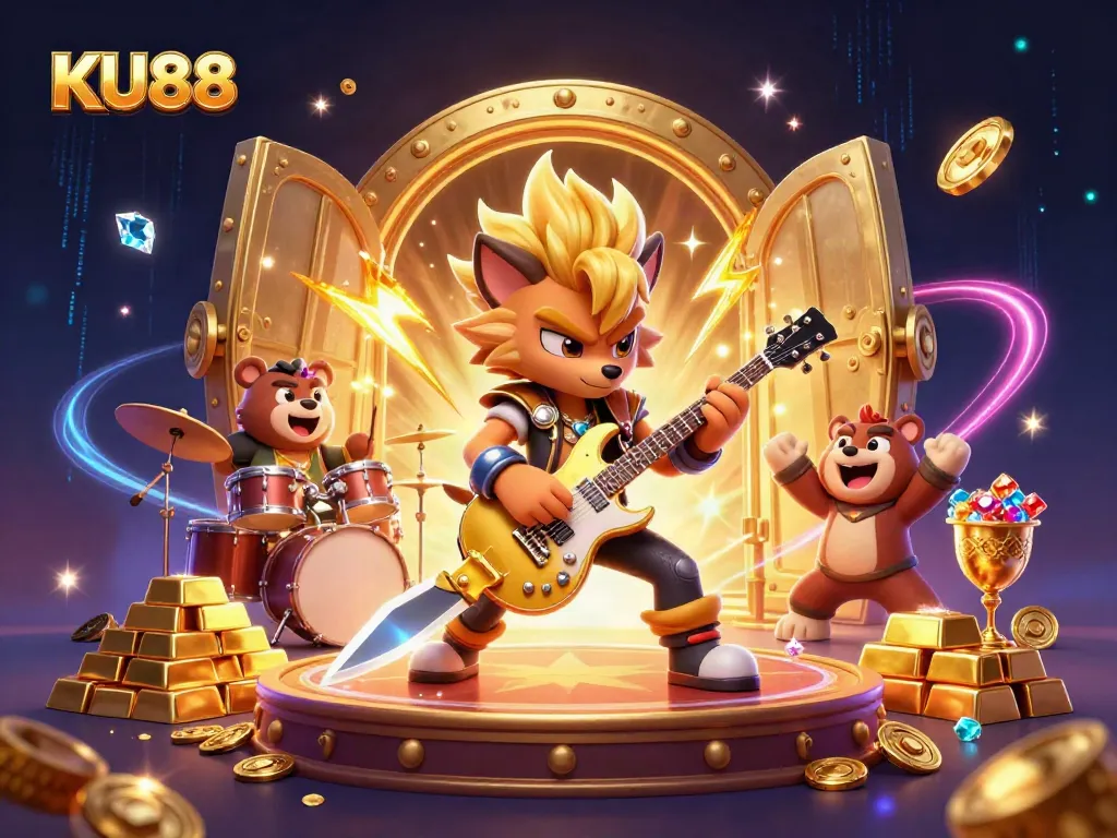 KU88 offers thrilling casino experiences, featuring vibrant characters, golden treasures, and energetic gaming action.