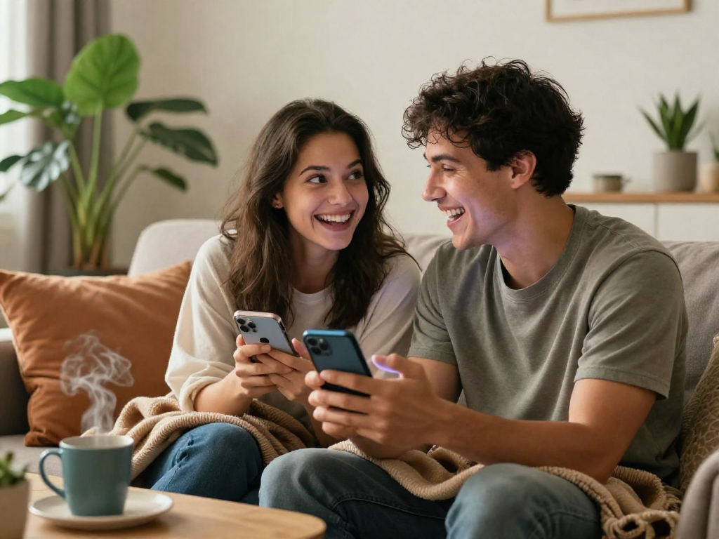 Couple enjoying a playful sex ai chat on their smartphone in a cozy living room.