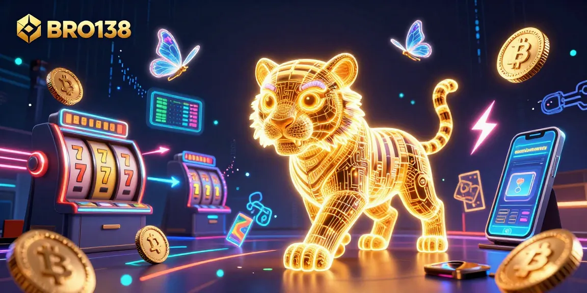Experience thrilling gameplay at BRO138 with slot-themed golden tiger illustration amidst dynamic casino elements.